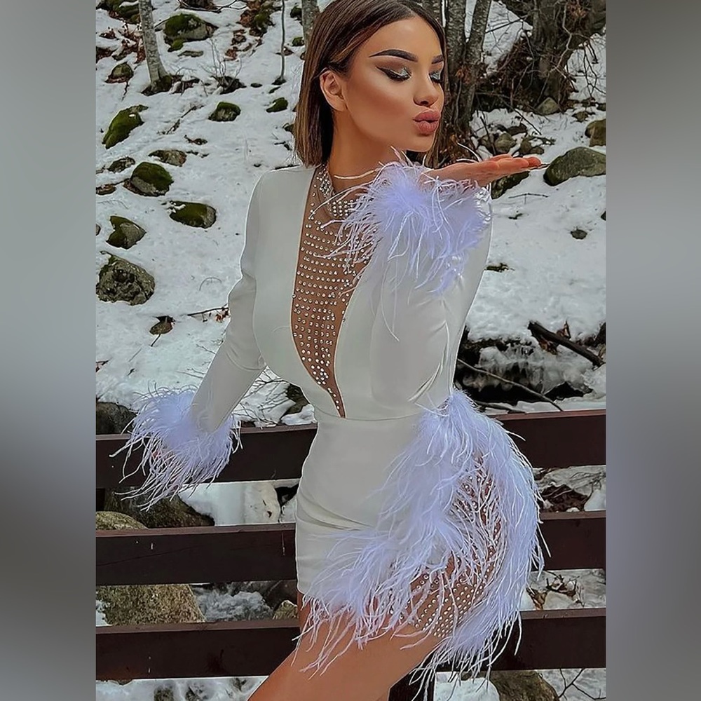 Feather Trim Rhinestone Dress